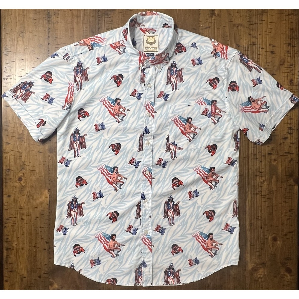 RSVLTS Button Up Shirt Men's Large Blue Randy Savage WWE Legends Patriotic